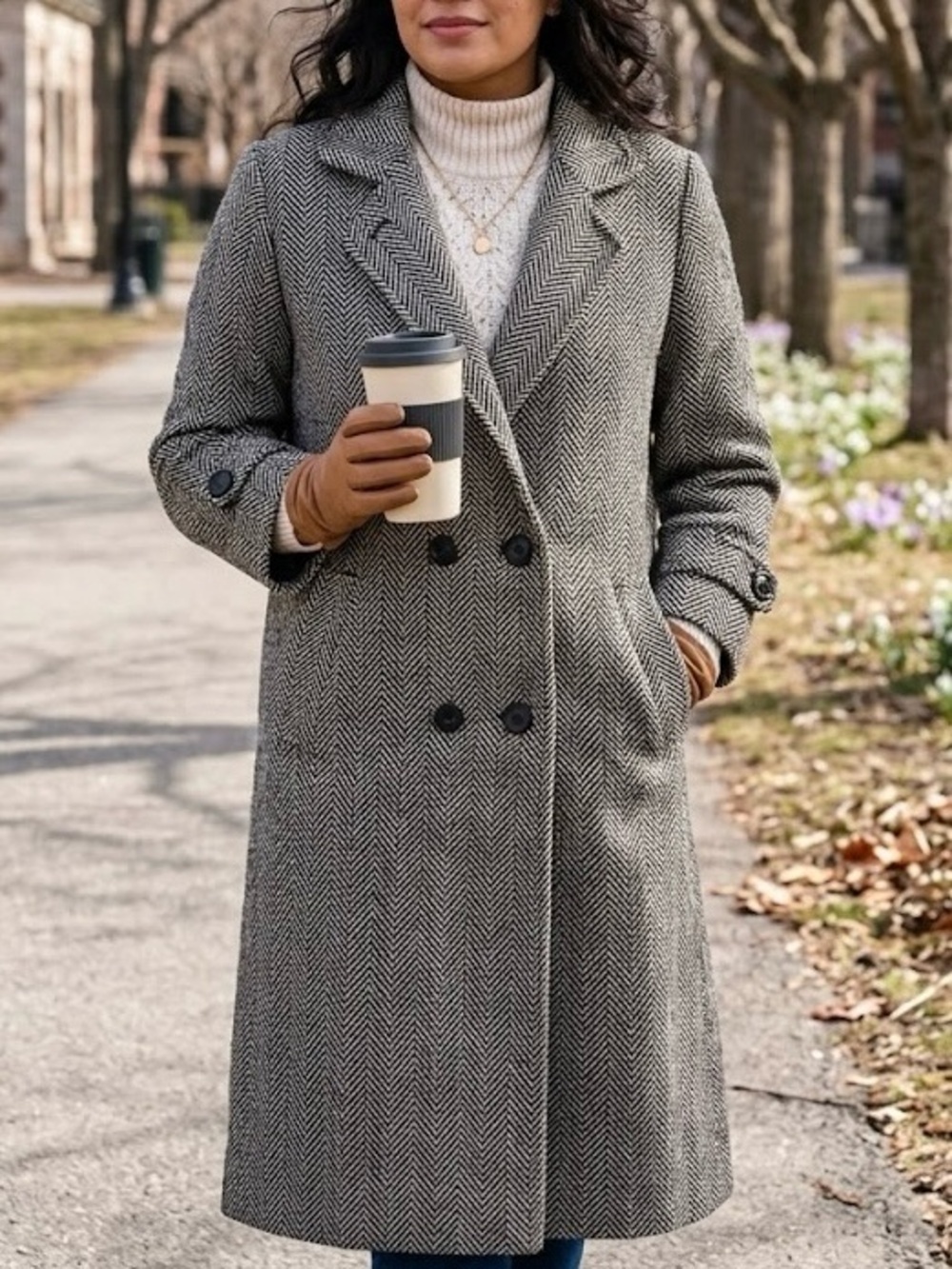 VTG Elégante Herringbone Wool Blend Coat Double Breasted Speckle Detail Romania